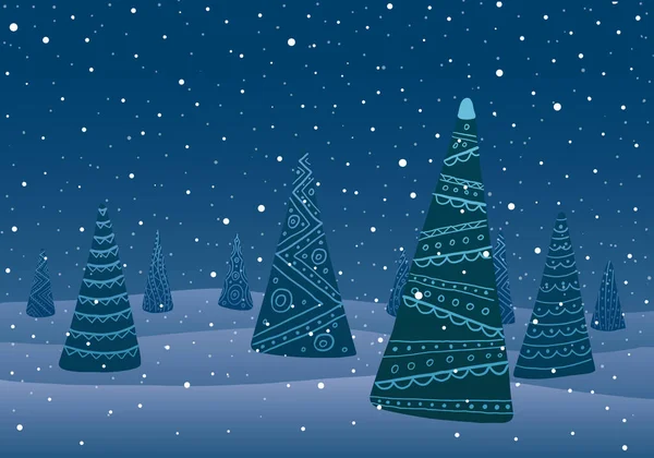 Fondo de invierno vectorial con árboles de Navidad decorados en el fondo de la nieve que cae — Archivo Imágenes Vectoriales