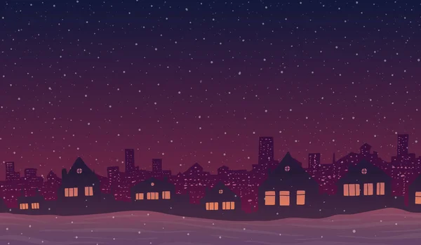 Ilustración abstracta de invierno vectorial. Ciudad de dibujos animados en la nieve por la noche. — Vector de stock