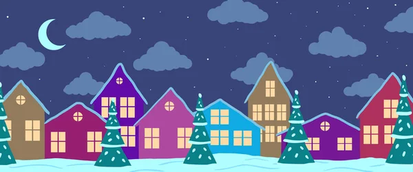 Vector cartoon abstract city with colorful houses in winter at night — Stock Vector