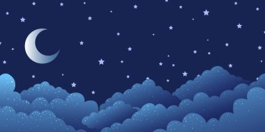 Vektör soyut karikatür gece arkaplanı. Yıldızlar ve bulutlar arasında ay.