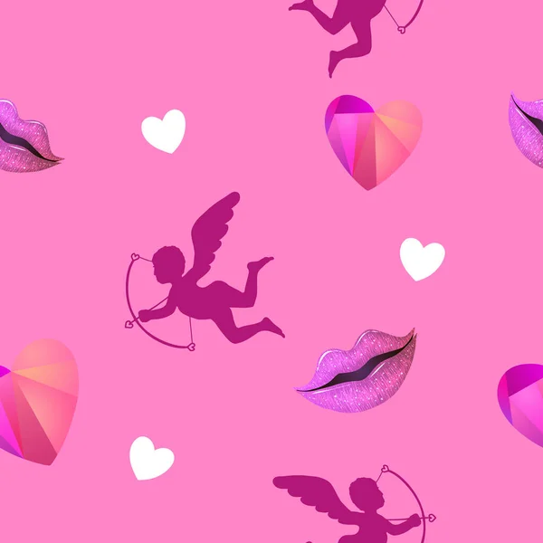 Fondo rosa sin costura vectorial para el día de San Valentín. Cupidos, besos y corazones. — Vector de stock