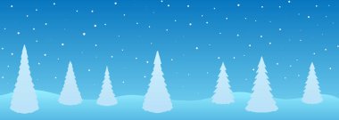 Soyut vektör kış mavi çizgi film arkaplanı. Beyaz Noel ağaçlarındaki bulutlardan düşen kar.