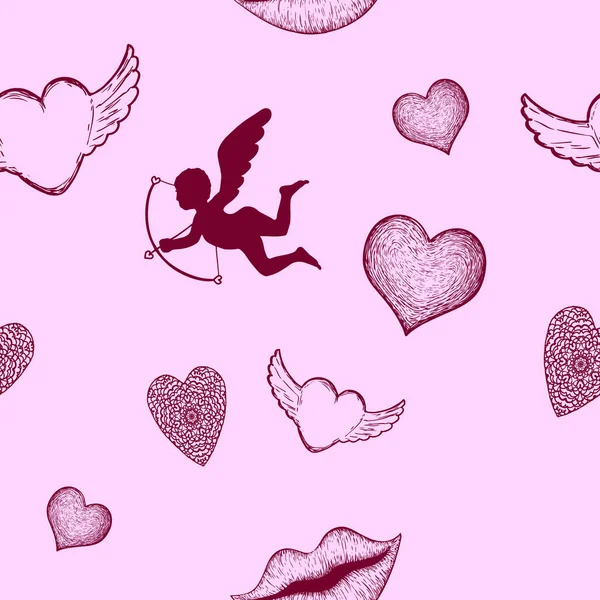 Fondo rosa sin costura vectorial para el día de San Valentín. Cupidos, besos y corazones en golpes. — Vector de stock