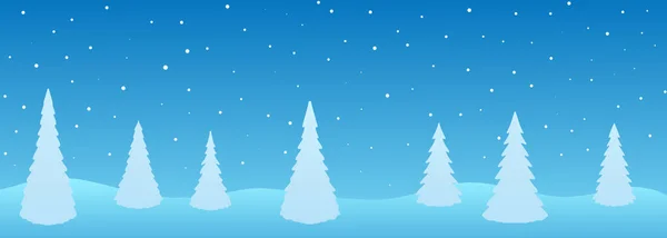 Abstract vector winter blue cartoon background. Falling snow from clouds on white Christmas trees. — Stock Vector