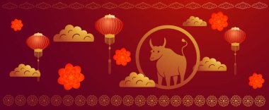 Çin Yeni Yıl Festivali 'nin soyut temsilcisi. Kırmızı arka planda çiçekler, bulutlar ve Çin fenerleri arasındaki boğa sembolü.