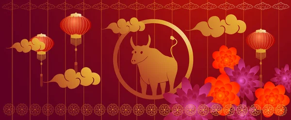 Ilustración abstracta vectorial del festival de primavera de Año Nuevo chino. Toro símbolo entre flores, nubes y linternas chinas sobre fondo rojo con patrones. — Vector de stock