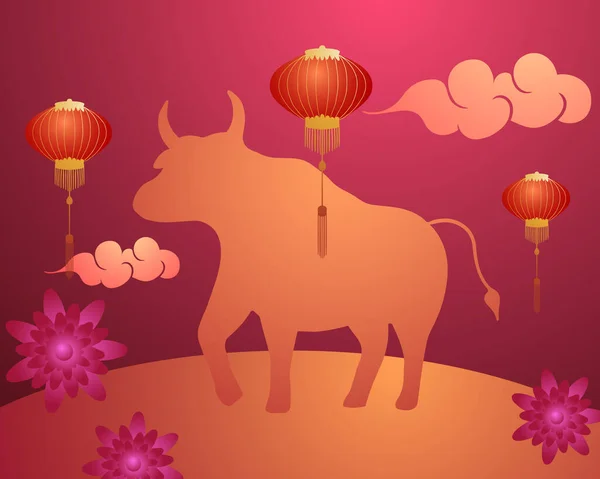 Ilustración abstracta vectorial del festival de primavera de Año Nuevo chino. Toro símbolo entre flores, nubes y linternas chinas sobre fondo rojo con patrones. — Vector de stock