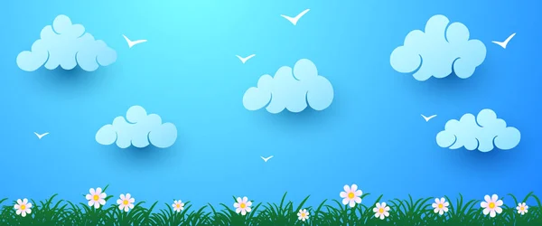 Cartoon vector illustratie van de lente. Groen gras met bloemen op achtergrond van blauwe lucht en wolken — Stockvector