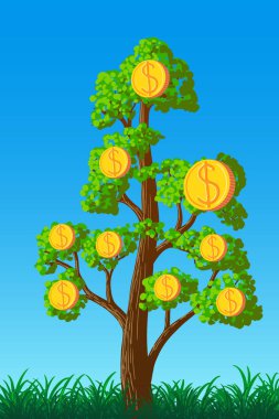 Para ağacının dallarında dolar sikkeleri olan vektör illüstrasyonu
