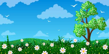 Mavi gökyüzüne karşı çiçekli çayır üzerindeki bahar vektör illüstrasyon ağacı.