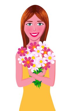 Çiçekli vektör karikatür kadın, illüstrasyon 8 Mart