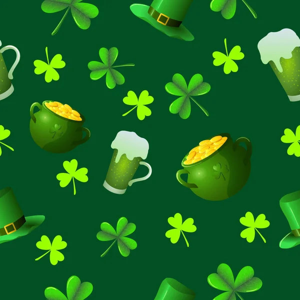 Vector fondo sin costuras sobre el tema del Día de San Patricio. Trébol de tres hojas, jarra de oro, sombrero y jarra de cerveza — Vector de stock