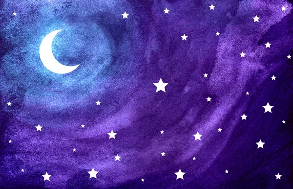 Mor suluboya arka planda geceleyin yıldızlar arasında ay. — Stok fotoğraf