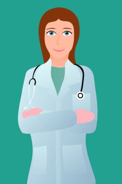 Yeşil arka planda beyaz önlüklü gülümseyen kadın doktor.