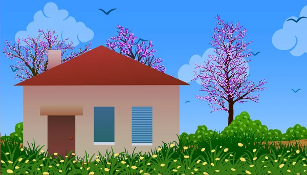 Small house among blooming meadow and trees — Stock Vector