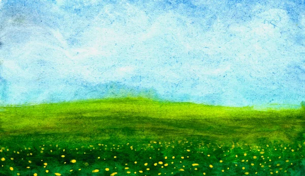 Groen gras en bloemen op weide in aquarel — Stockfoto