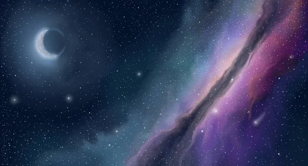 Luna de cuento de hadas entre el cielo estrellado y la nebulosa de la vía láctea por la noche —  Fotos de Stock