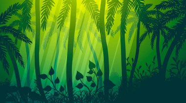 Palmiye ağaçları, lianalar ve çiçeklerle. Vektör İllüstrasyonu.