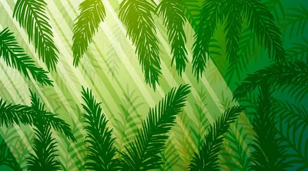 Vector background of tropical palm leaves against sun rays — Stock Vector