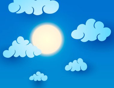 Yaz vektör illüstrasyonu. Çizgi film güneşi, bulutlar gökyüzü arkaplanı