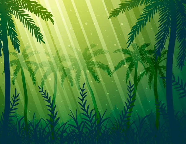 Zelený tropický prales s palmami, keři a trávou. Vektorová ilustrace. — Stockový vektor