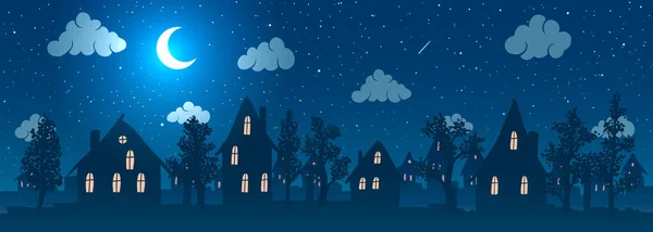 Vektorillustration. Alte Cartoon-Stadt gegen Sterne und Mond bei Nacht — Stockvektor