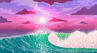Vektör çizimi. Renkli günbatımında büyük okyanus dalgaları.
