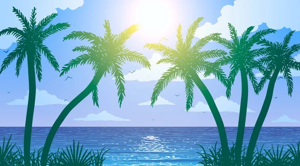 Blauwe vector oceaan zonnig strand en palmbomen in gras — Stockvector