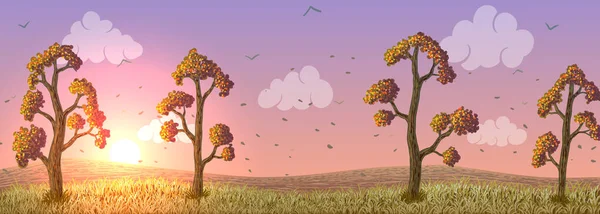 Vecteur automne arbres à feuilles caduques avec des feuilles orange sur le champ au coucher du soleil — Image vectorielle