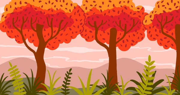Caricature vectorielle paysage d'automne. Orangers et herbe sur prairie — Image vectorielle