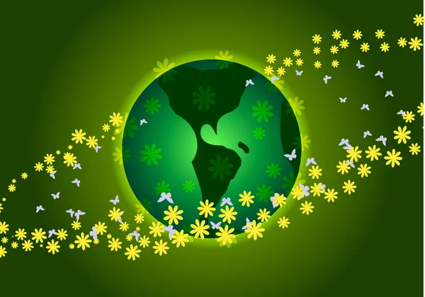 День Земли. Зеленая планета и желтые цветы . — стоковый вектор