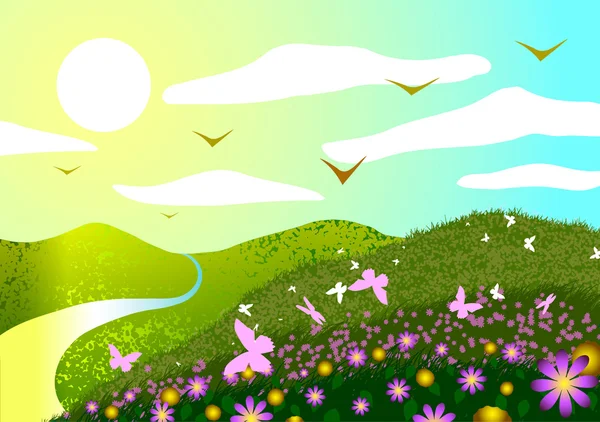 봄 풍경입니다. 필드, 꽃, 나비, 일몰 및 강. — 스톡 벡터