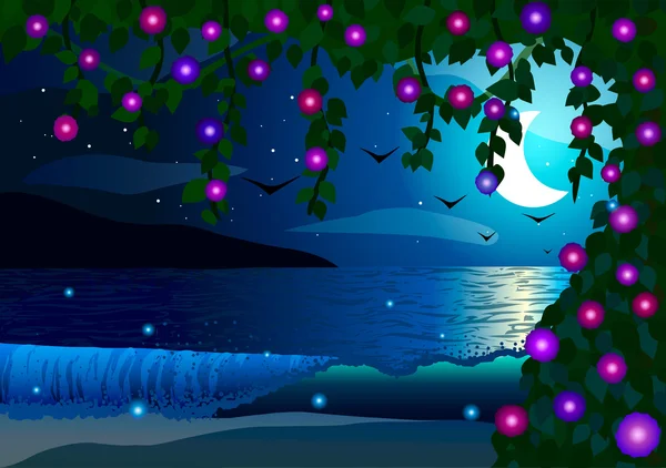 Night on the beach near the ocean and the mountains. — Stock Vector