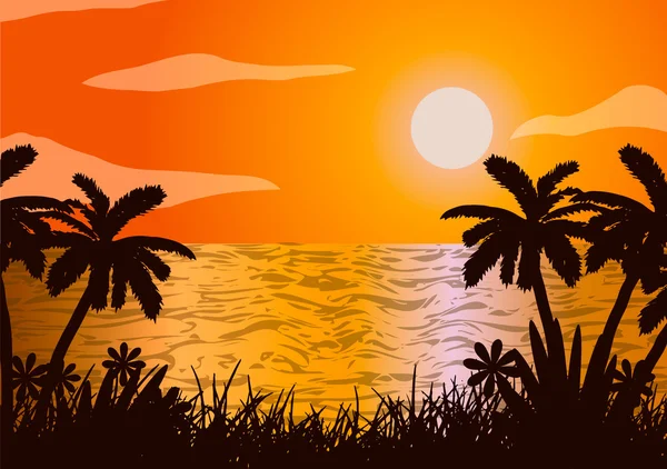 Sunset in the ocean, beach, palm tree — Stock Vector