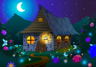 Bir çayır çiçekler ve kelebekler gece masal evi.