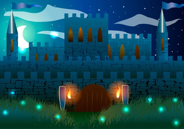 Zamek i zamek brama w nocy — Wektor stockowy