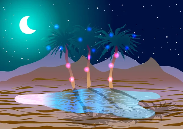 夜の砂漠のオアシス — ストックベクタ