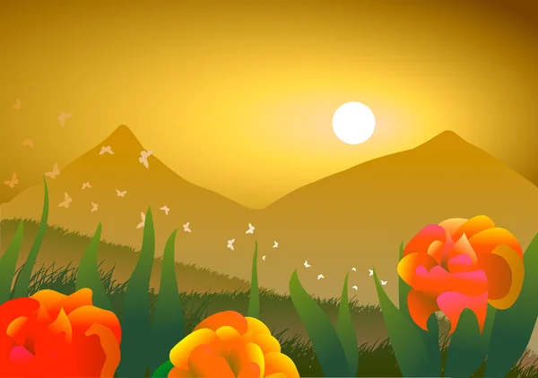 Paisagem primavera. Rosas, borboletas e montanhas ao pôr do sol . — Vetor de Stock