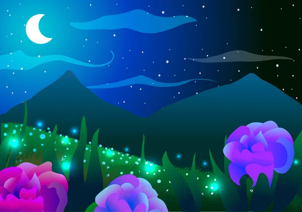 Frühlingslandschaft. Rosen, Schmetterlinge und Berge bei Nacht. — Stockvektor