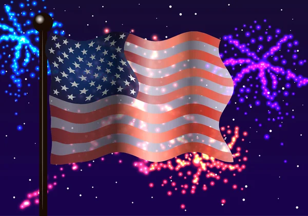 Bandera americana y fuegos artificiales — Vector de stock