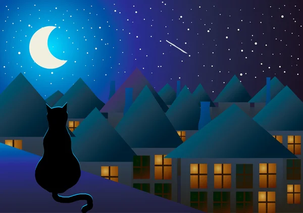 Die Katze sitzt auf dem Dach und beobachtet die Stadt bei Nacht und den Mond. — Stockvektor