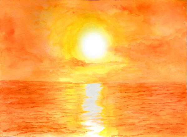 Pôr do sol no oceano em aquarela . — Fotografia de Stock