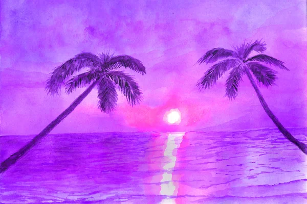 Sunset and palm trees at ocean in watercolor — Stock Photo, Image