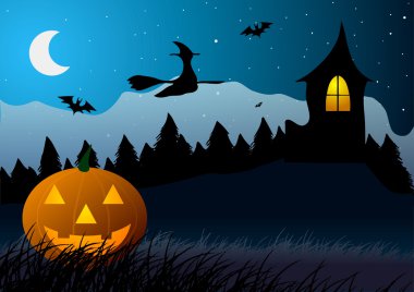 Cadılar Bayramı. Ağaçlar ve eski ev bir arka plan üzerinde kabak.