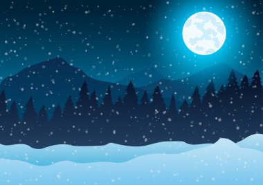 Vektör çizim. Noel. Gece kış manzarası. Ağaçlar yağan kar ve ay mavi bir arka plan.