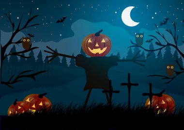 Vektör çizim. Cadılar Bayramı. Mezarlık, yarasalar ve baykuş arasında kabak ile korkuluk.