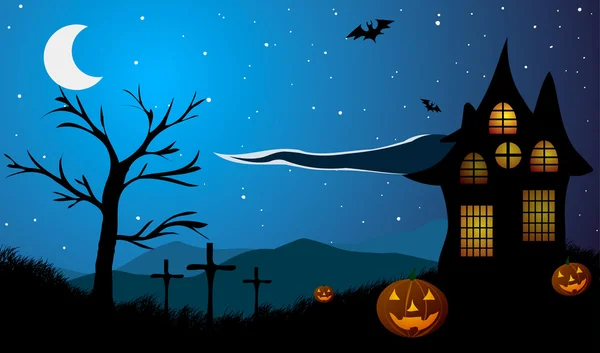 Halloween. Calabazas en el fondo de la vieja casa, árbol, cruces y montañas . — Vector de stock