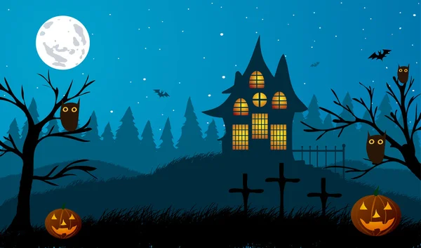 Halloween. Dynie na tle drzew, krzyże, stary dom i drzewa. — Wektor stockowy