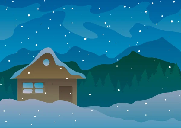Ilustración vectorial. Casa en la nieve y las montañas cerca de un árbol de Navidad . — Vector de stock