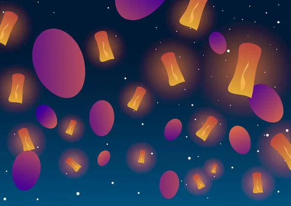 Ilustración vectorial. Faroles y globos chinos en el cielo nocturno y estrellas . — Vector de stock